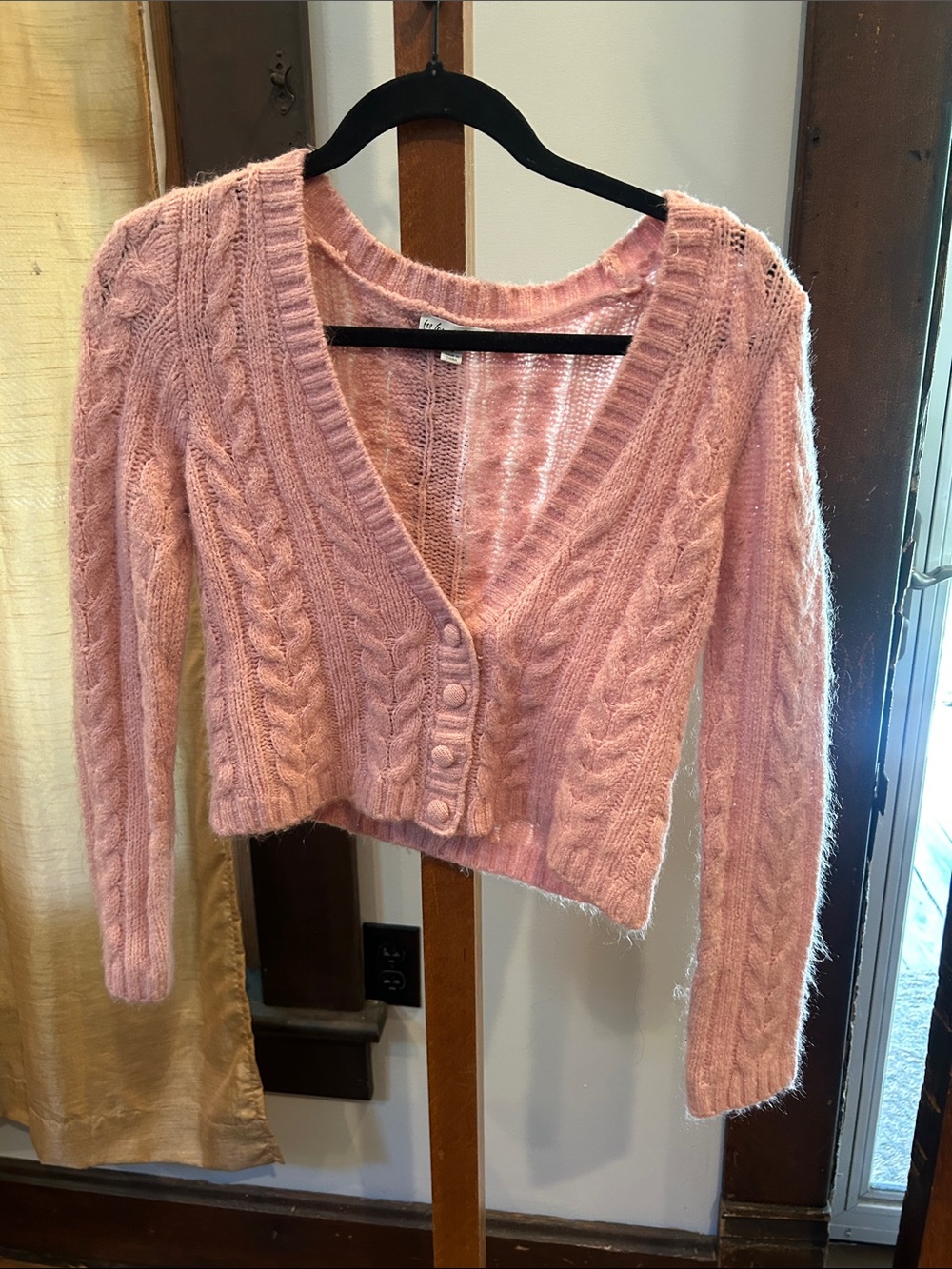 For Love & Lemons Pink Cable-Knit V-Neck Cropped Sweater Cardigan